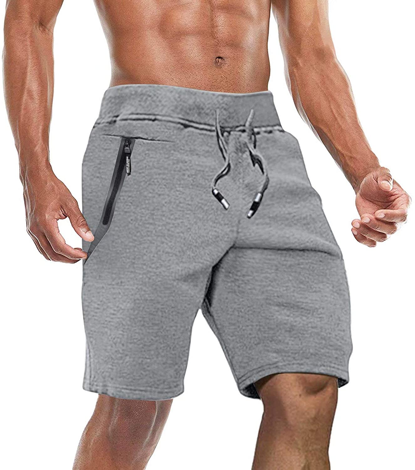 CRYSULLY Men's Cotton Joggers Casual Workout Shorts Running Shorts with Zipper Pockets 