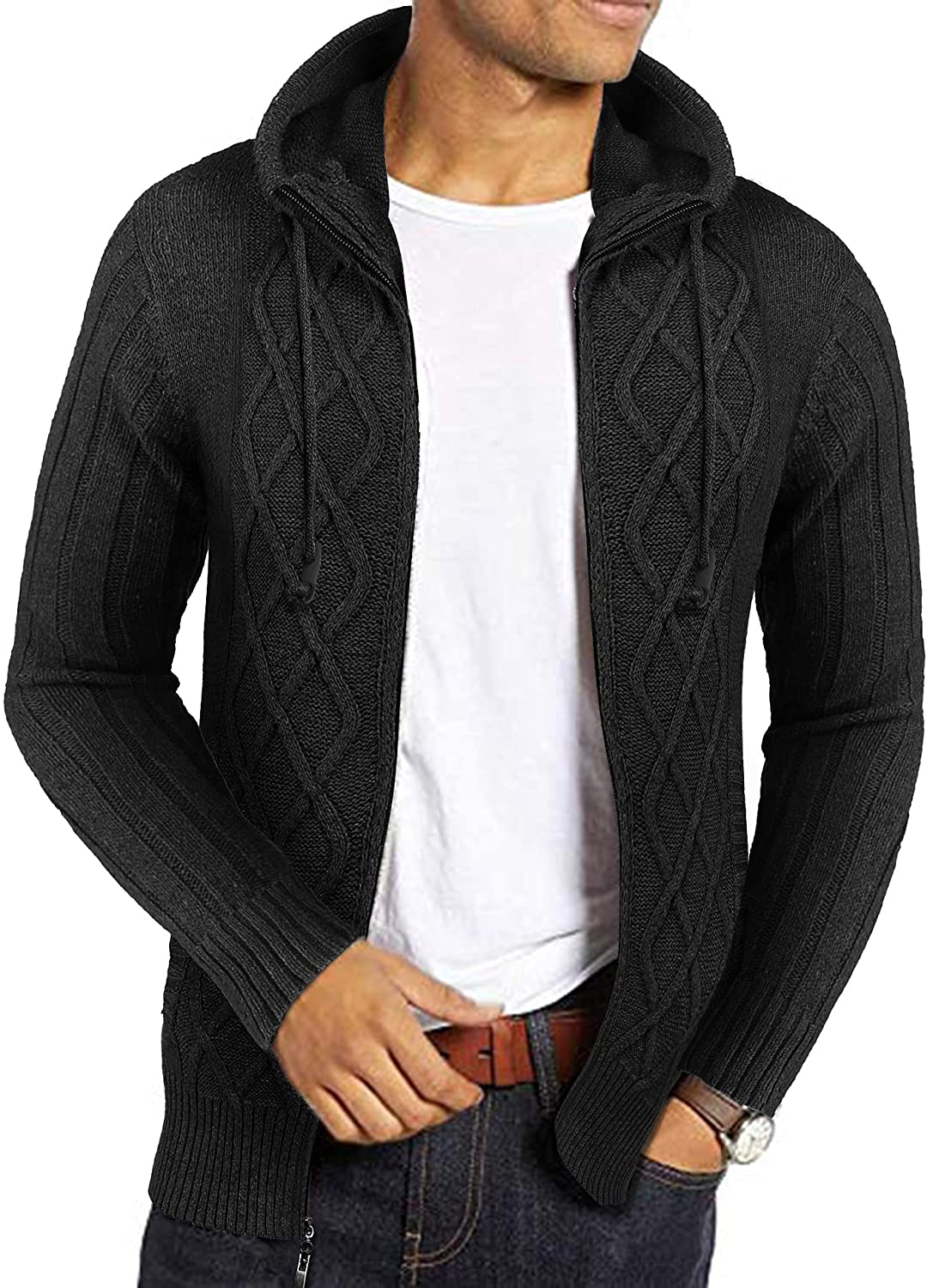 COOFANDY Men's Full Zip Knitted Cardigan Sweater Cable Knit Sweater with  Pocket