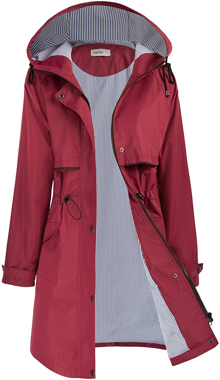 JASAMBAC Rain Jackets for Women Waterproof Long Rain Coats with Hood Trench Coats Active Outdoor Windbreaker 