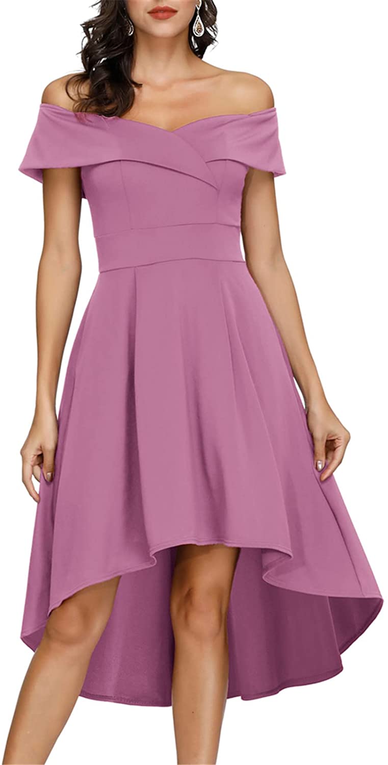 Pink Off Shoulder High Low A Line Wedding Guest Party Cocktail