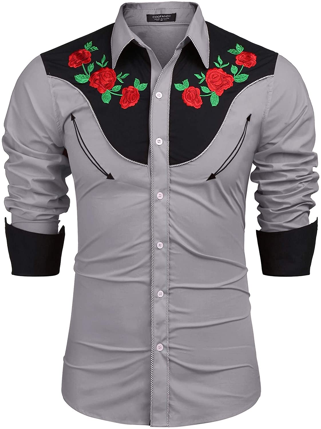 COOFANDY Men's Embroidered Rose Design Western Shirt Long Sleeve Button  Down Shi