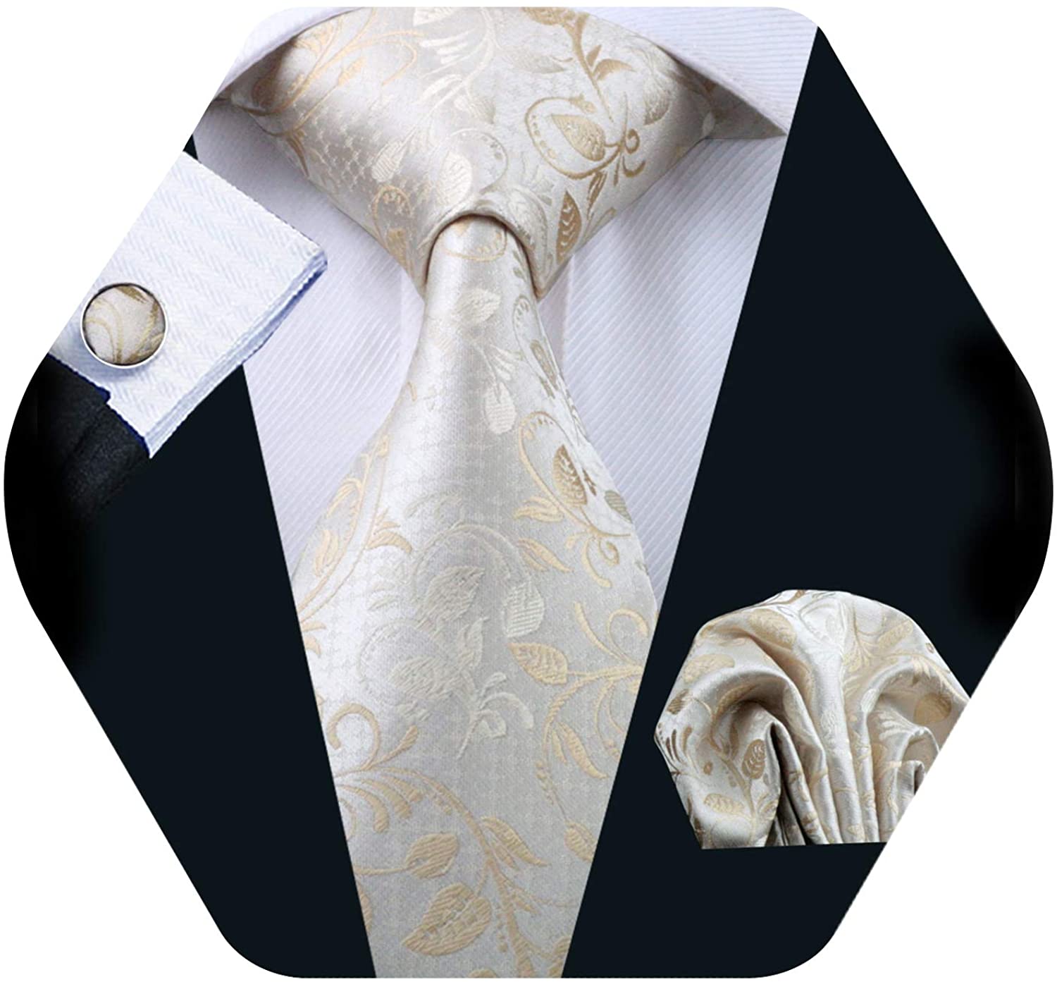 Barry.Wang Men Tie Set Solid Silk Necktie Pocket Square Cufflinks Extra Long Tie