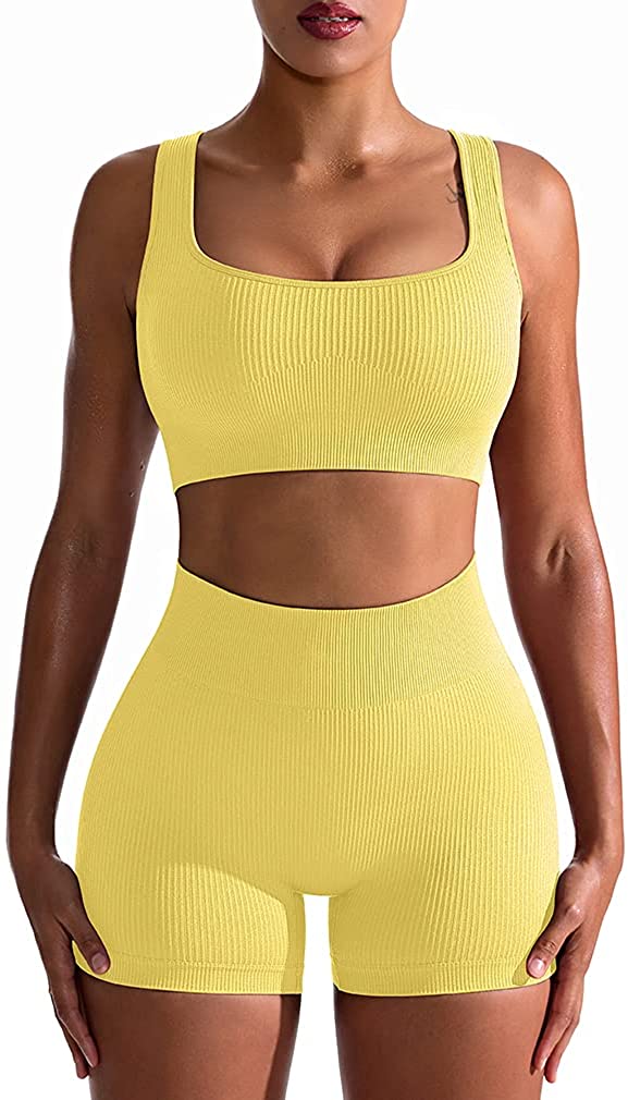 Oqq Workout Outfits For Women 2 Piece Seamless Ribbed High Waist Leggings  With Sports Bra Exercise Set