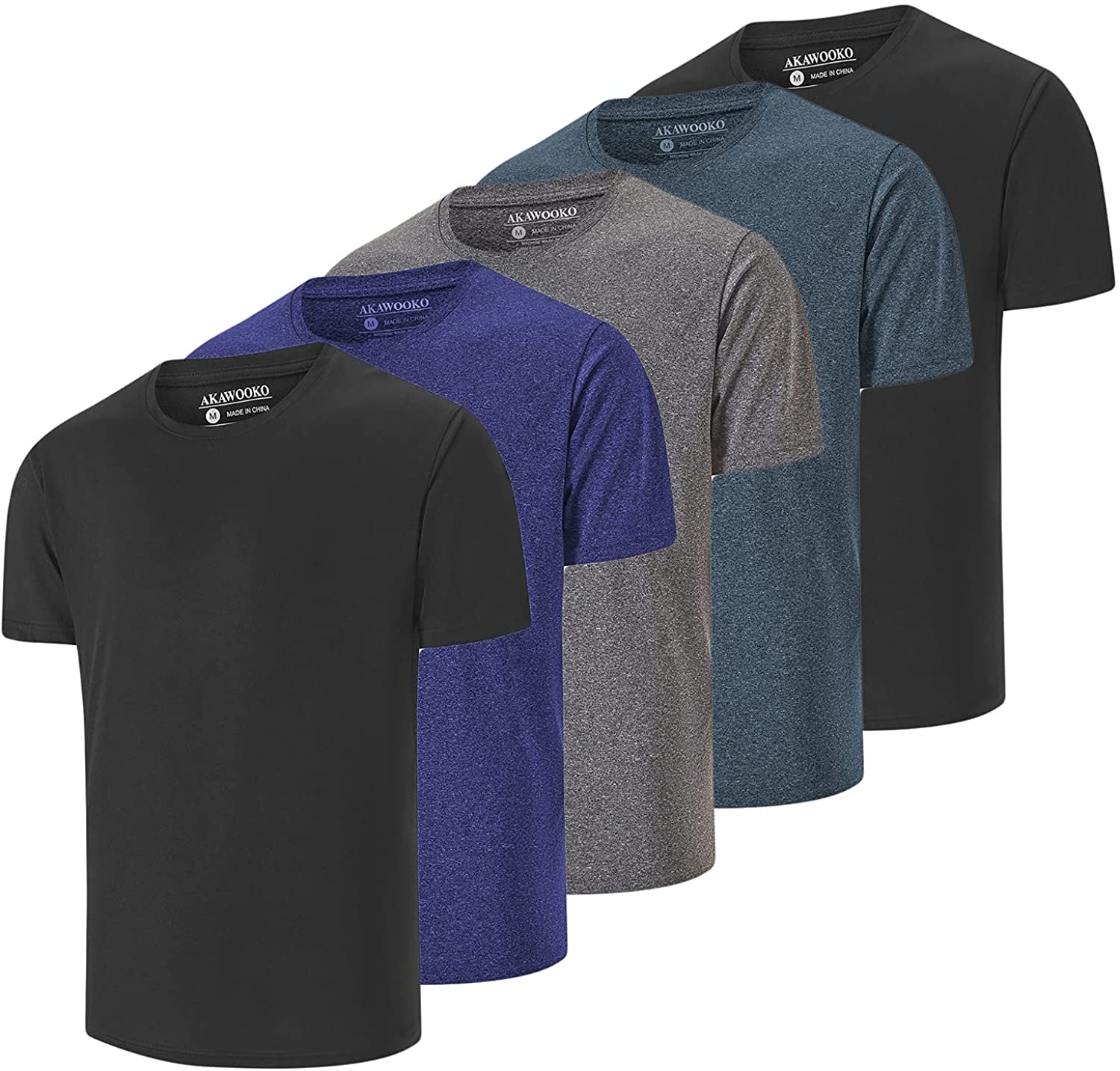 Akawooko 5 Pack Men's Dry Fit T Shirts, Athletic Running Gym Workout Short Sleeve Tee Shirts for Men