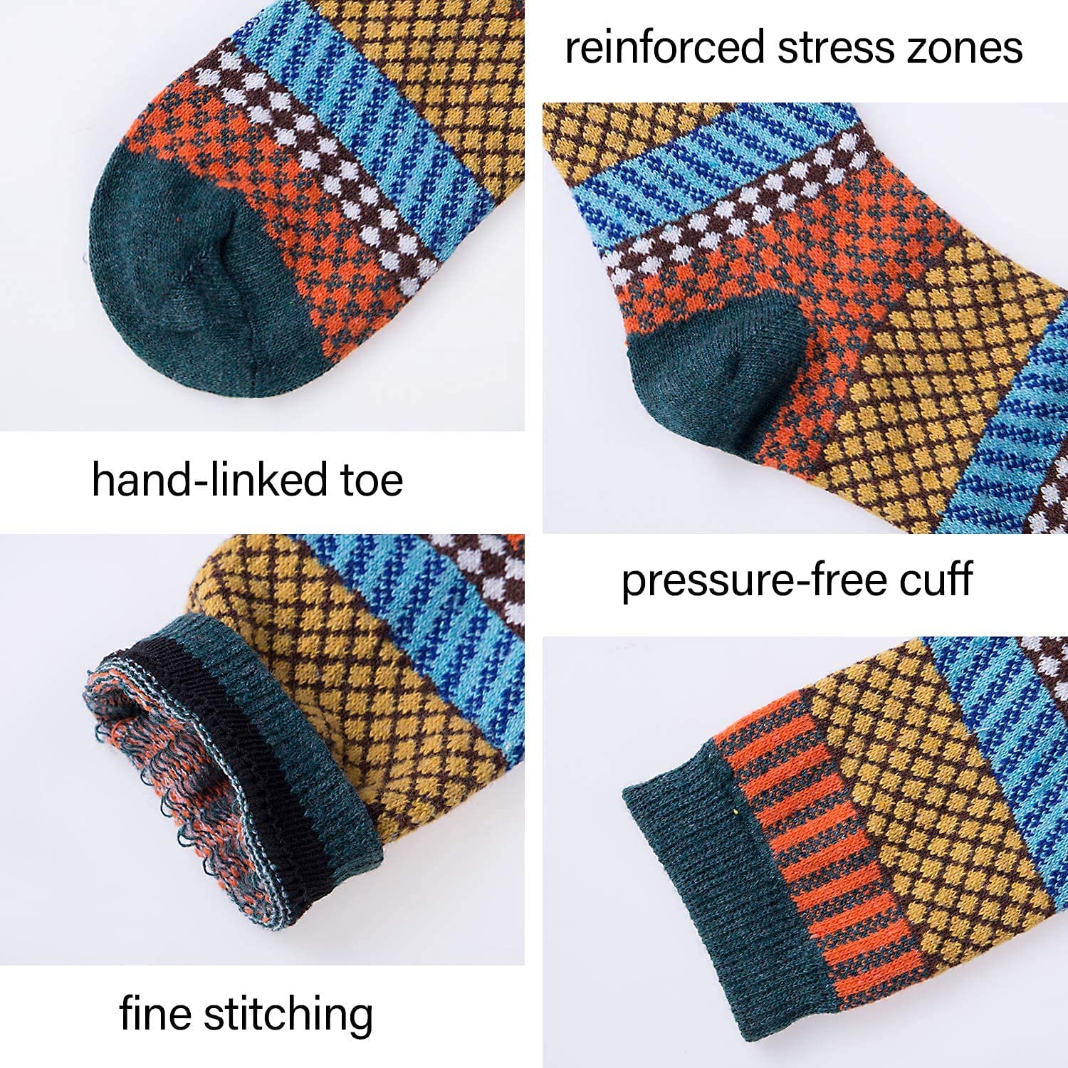 5 Pairs Thick Knit Vintage Winter Women Wool Socks, Warm Cozy Crew