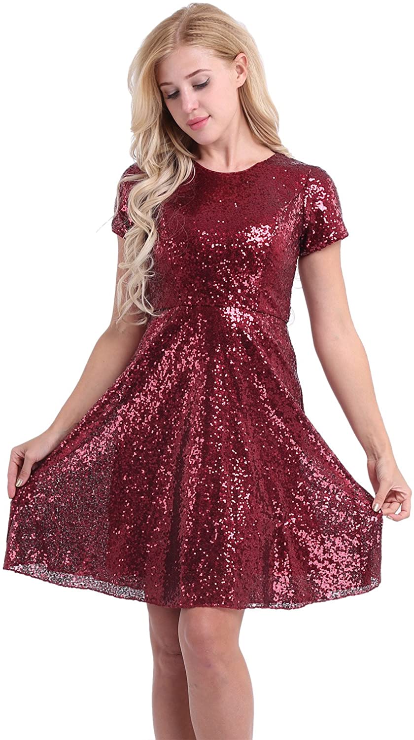 YiZYiF Women Sequined Cocktail Party Short Sleeve Bridesmaid A Line ...