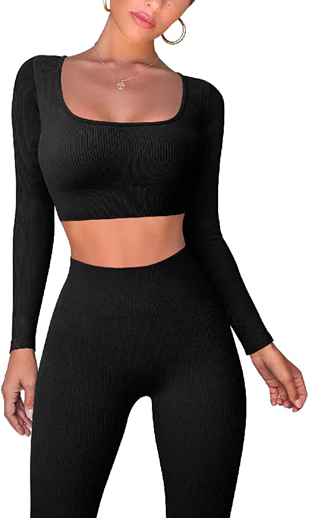 OQQ Workout Outfits for Women 2 Piece Ribbed Exercise Long Sleeve