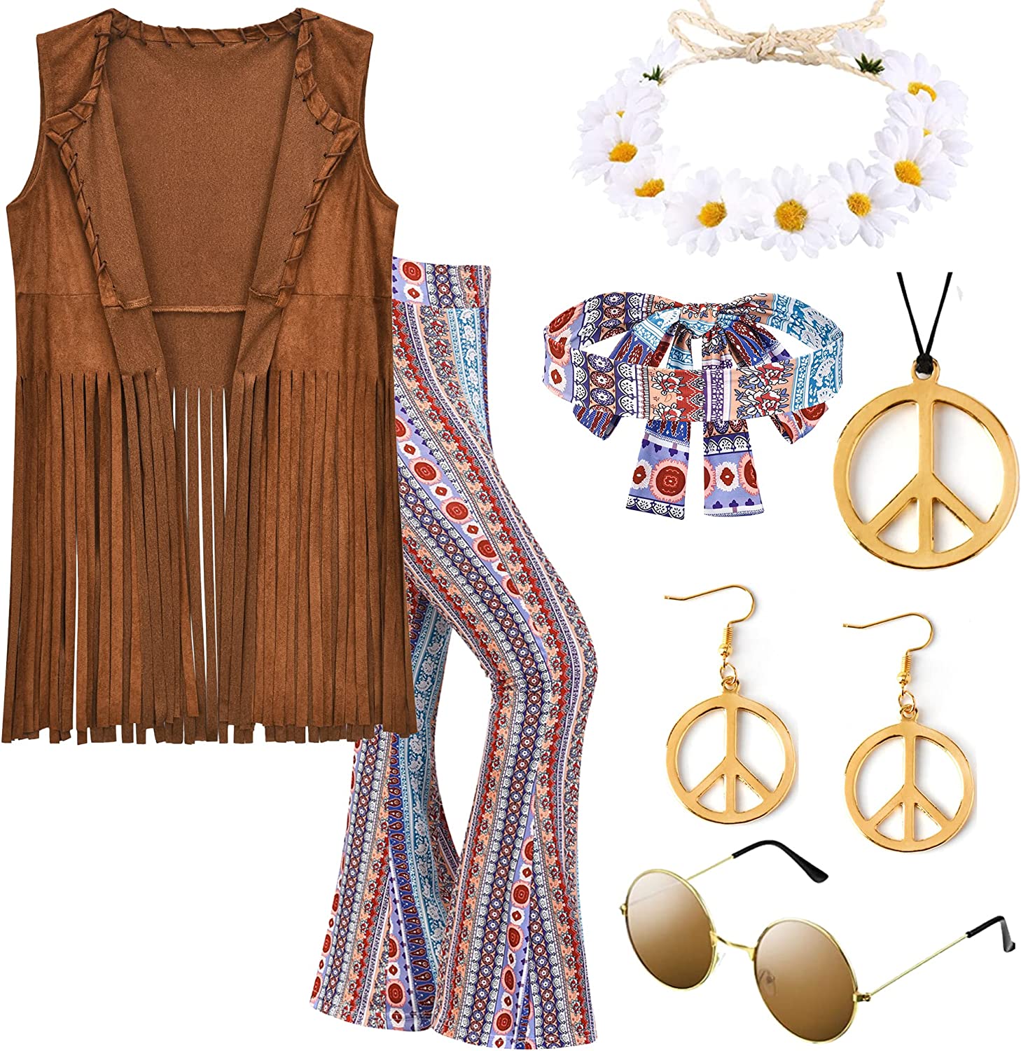 60s Costume for Women,Hippie Fringe Vest Outfits,70s Decades Clothes Pants, Hippy
