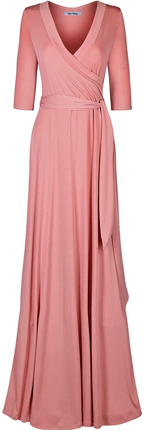 Bon Rosy Women's #MadeInUSA 3/4 Sleeve V-Neck Solid Maxi Wrap Dress Plus
