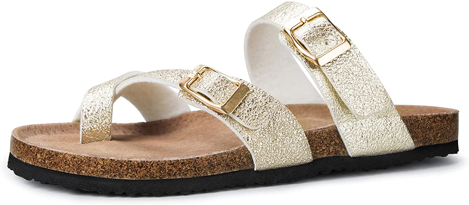 Double Buckle Slide Sandals with mysoft Women's Cork Footbed Sandal Slip On Comfort Arch Support