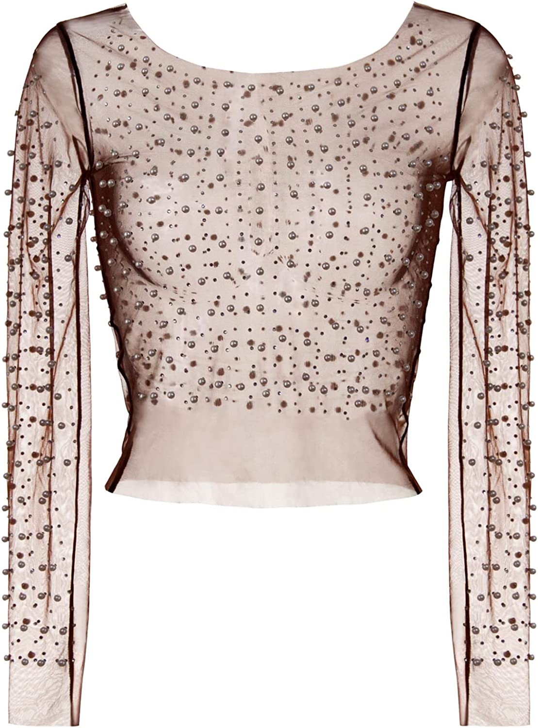 Women's Pearl Rhinestone See Through Long Sleeve Mesh Blouse One Piece  Cover Up Crop Top