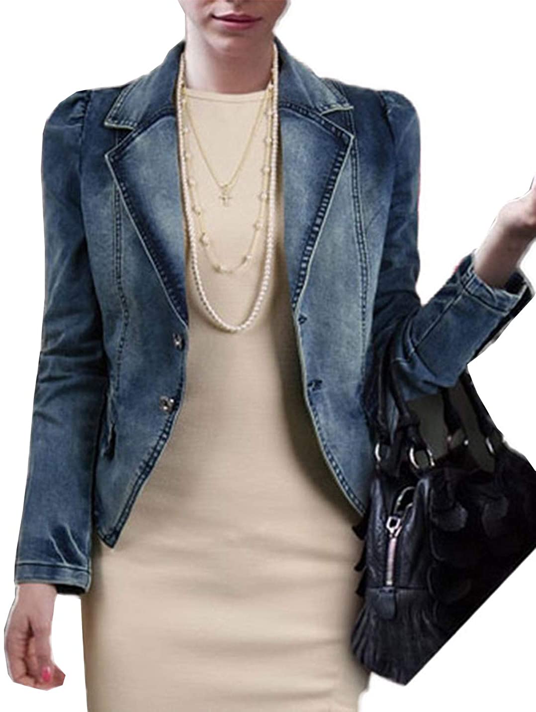 PAODIKUAI Women's Casual Puff Sleeve Frayed Slim Cropped Denim Jean Jacket 
