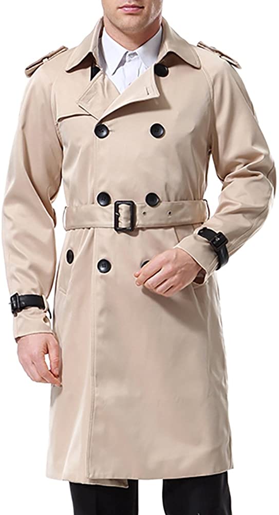 Men's Double Breasted Trenchcoat Stylish Slim Fit Mid Long Belted Windbreaker