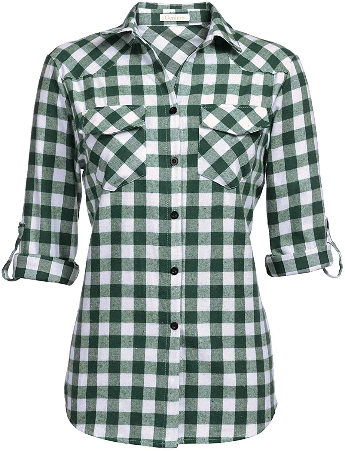 Genhoo Womens Flannel Shirts Roll Up Long Sleeve Plaid Shirt Collared Button  Dow