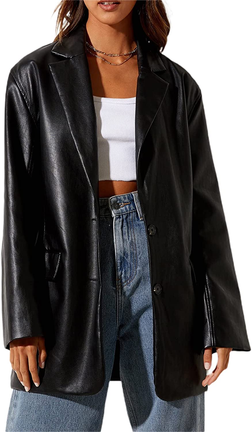 Women Faux Leather Jacket Long Sleeve Plus Size Top Blazers Button 