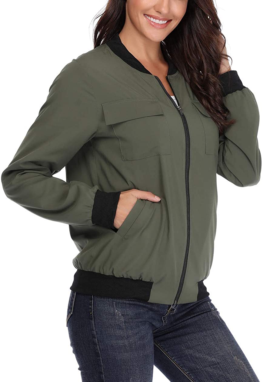 MISS MOLY Womens Lightweight Jackets Zip Up Coat Rib Collar Multi-Pockets Windbreaker Bomber Jacket Outwear