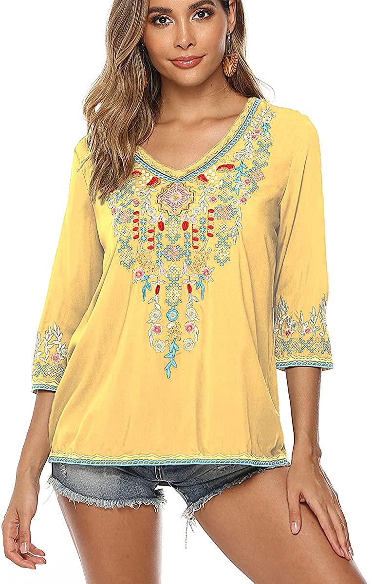 Women Embroidery Boho Shirt 3/4 Sleeve Mexican Bohemian Tops Tunic