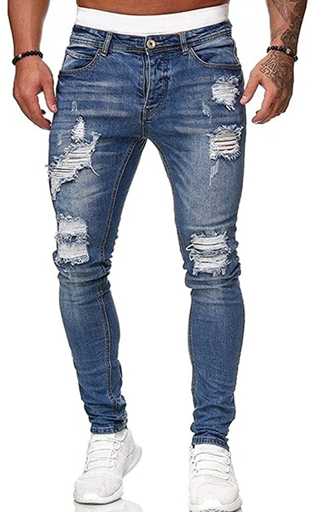 HUNGSON Men's Blue Slim Fit Jeans Stretch Destroyed Ripped Skinny Jeans Side Striped Denim Pants 
