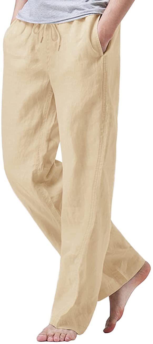 iWoo Mens Cotton Linen Drawstring Pants Elastic Waist Casual Jogger Yoga  Pants