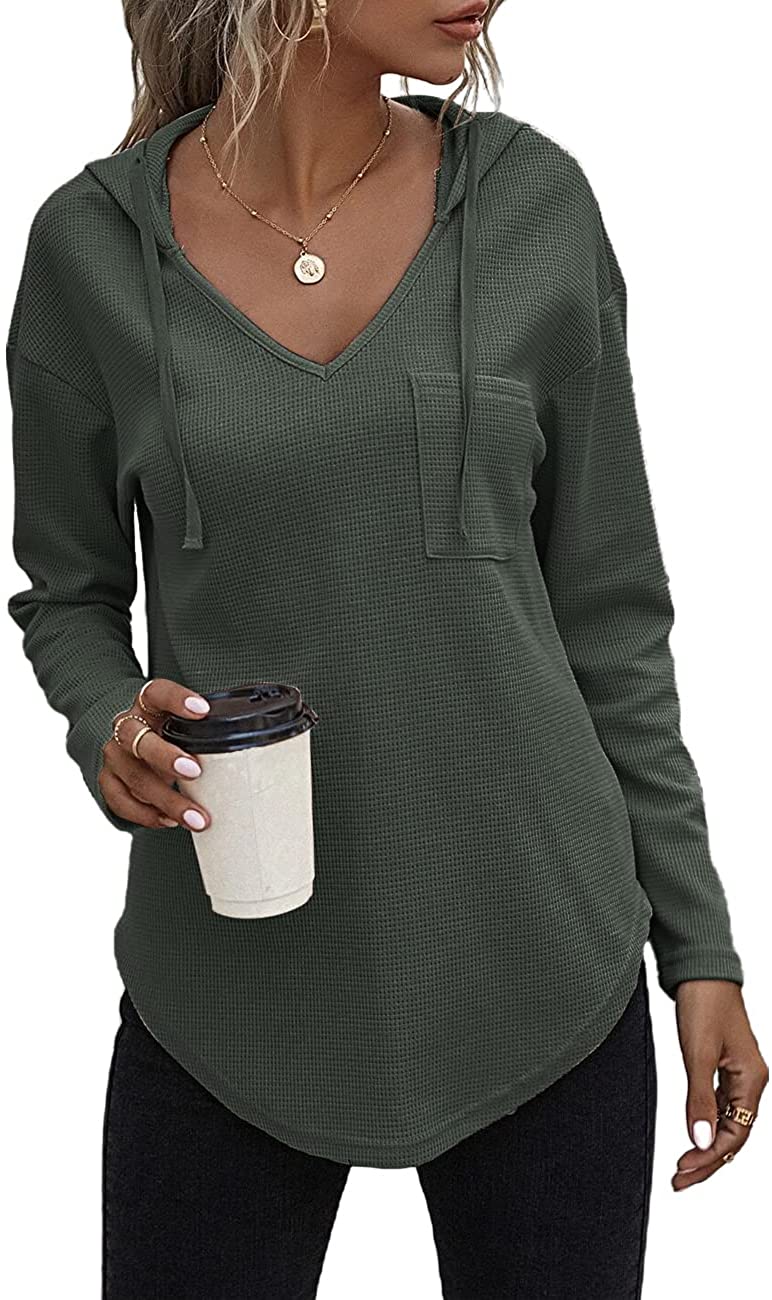 morhuduck Women's V Neck Hoodies Long Sleeve Sweatshirt Drawstring