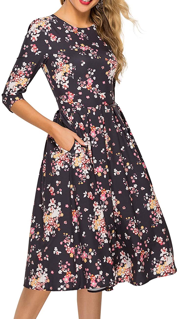 Simple Flavor Women s Floral Vintage Dress Elegant Midi Evening Dress 3 4 Sleeve