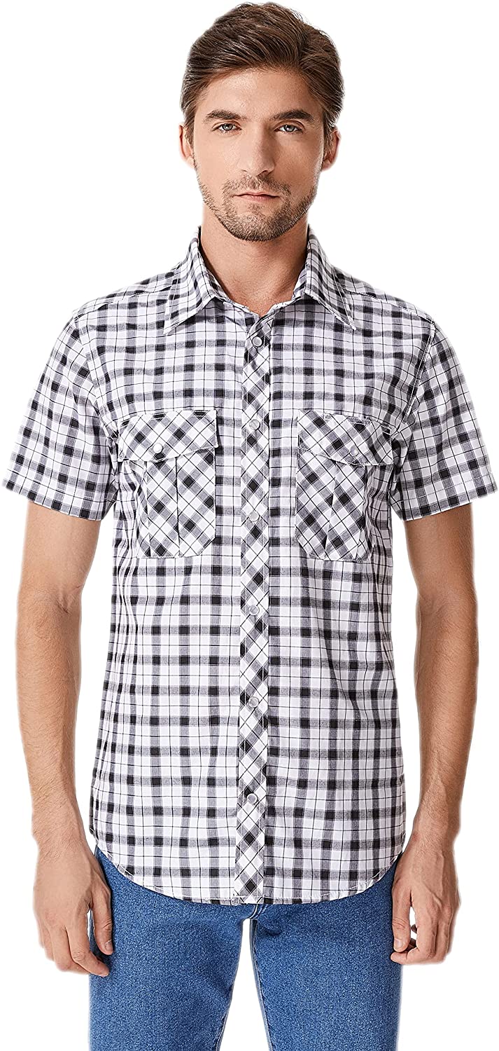 JMBONHEUR Men's Western Cowboy Pearl Snap Buttons Plaid Short Sleeve 2  Pockets w