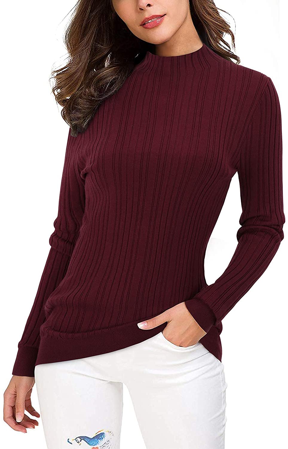 OUGES Women's Lightweight Stretchy Long Sleeve Pullover Cable Knit Mock Turtleneck Sweater