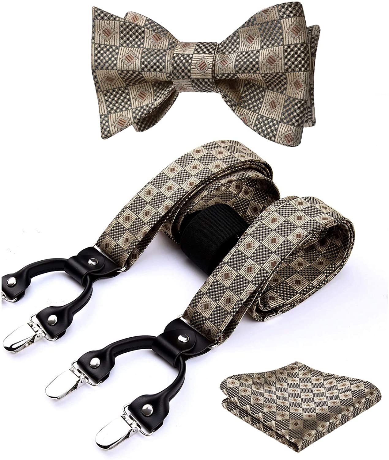HISDERN Check 6 Clips Suspenders & Pre Tie Bow Tie and Pocket Square Set Y Shape Adjustable Braces 