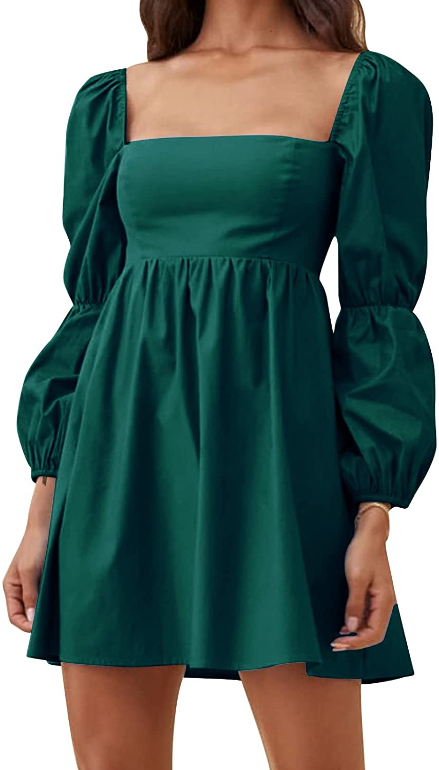 EXLURA Womens Square Neck Dress Long Puff Sleeve A-Line Casual Short Mini  Dress | eBay