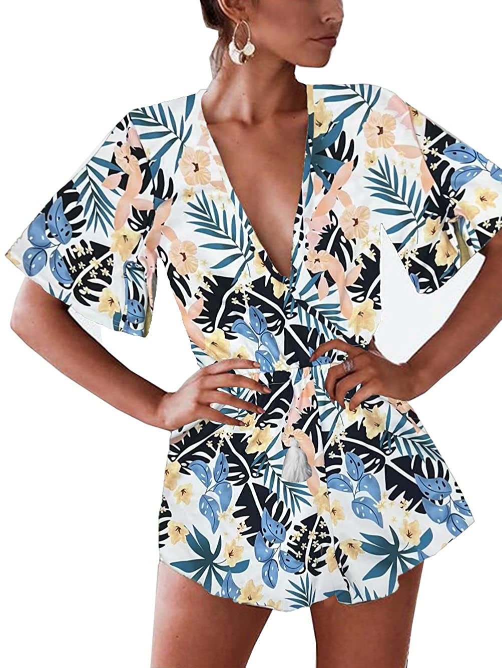 Famulily Women's Plunge V Neck Romper Printed Summer Beach Shorts Jumpsuits P... 