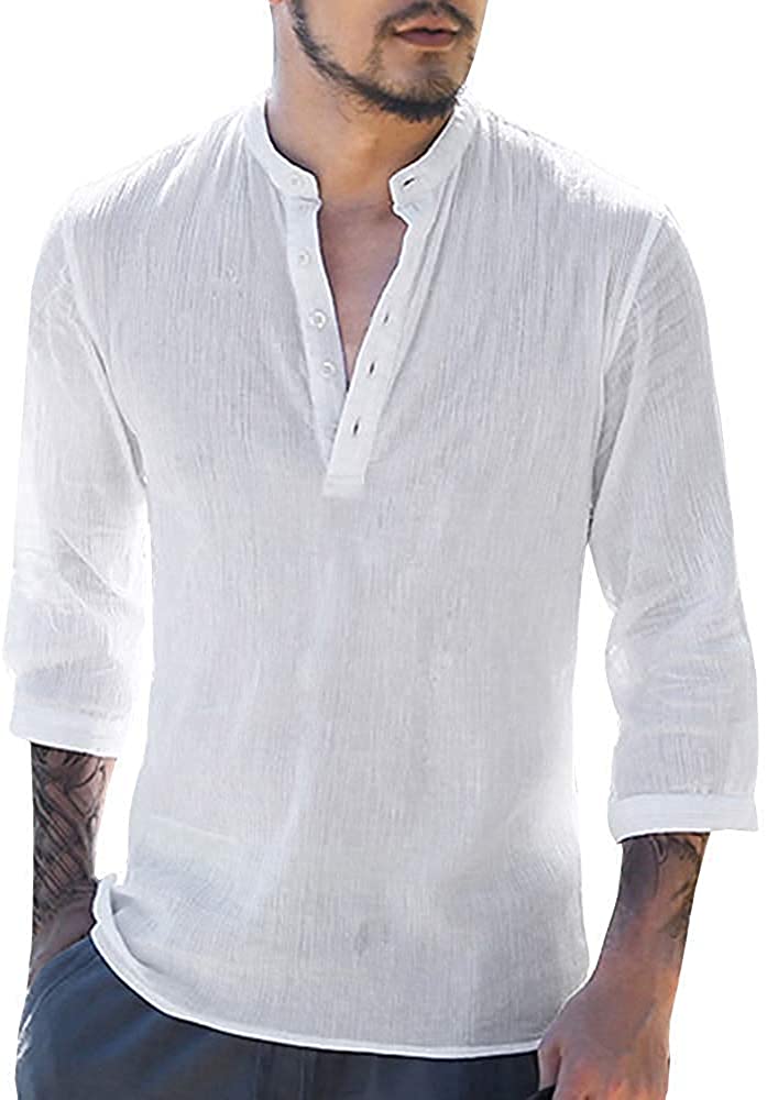 Mens Henley 3/4 Sleeve Shirts Linen Cotton Button Pullover Curved T-Shirt Lightweight Casual Beach Yoga Tees