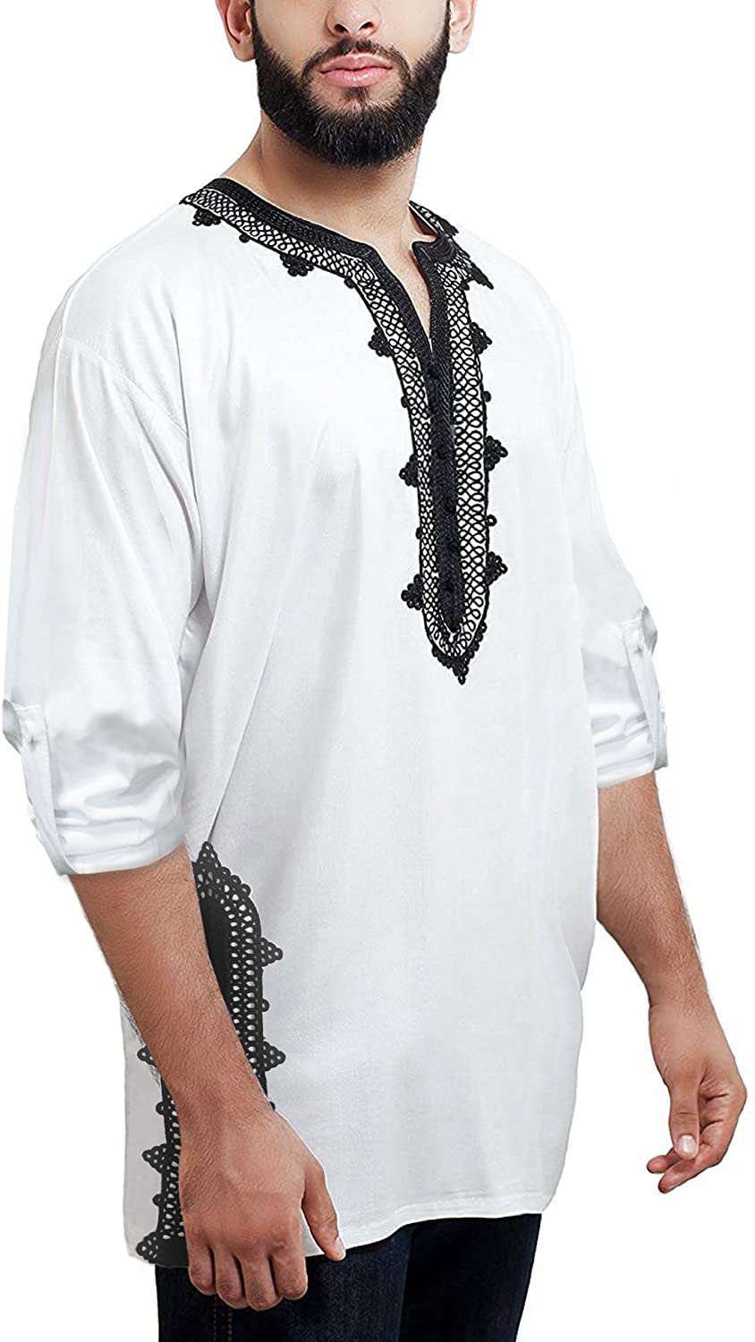 Daupanzees Men Tunic T-Shirt Caftan Shirt Breathable Polyester Fiber Handmade Embroidery Ethnic Tops Tee 