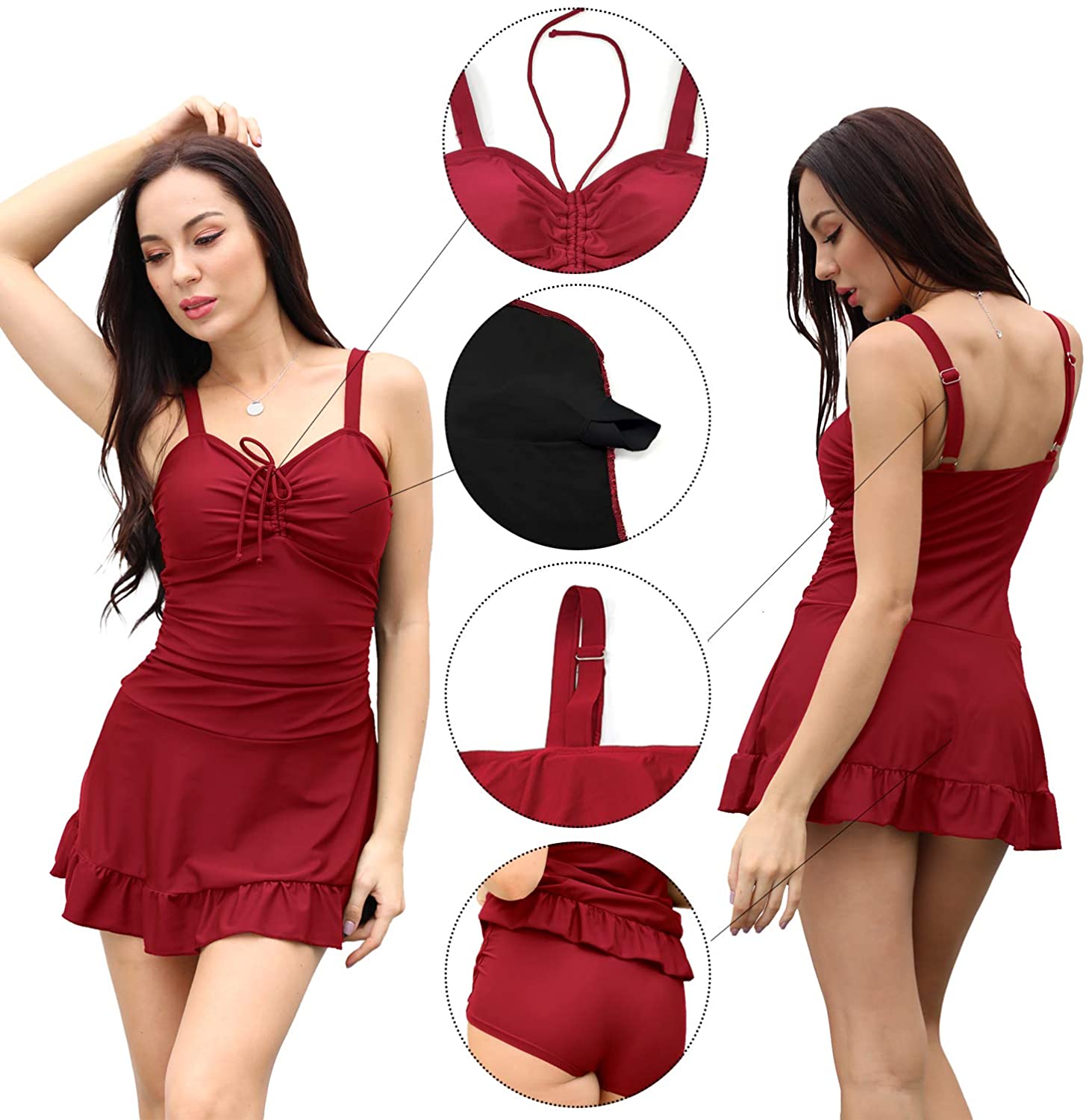 Shekini Women S One Piece Skirt Swimsuit Ruffled Hem Swimdress Ruched Bathing Su Ebay