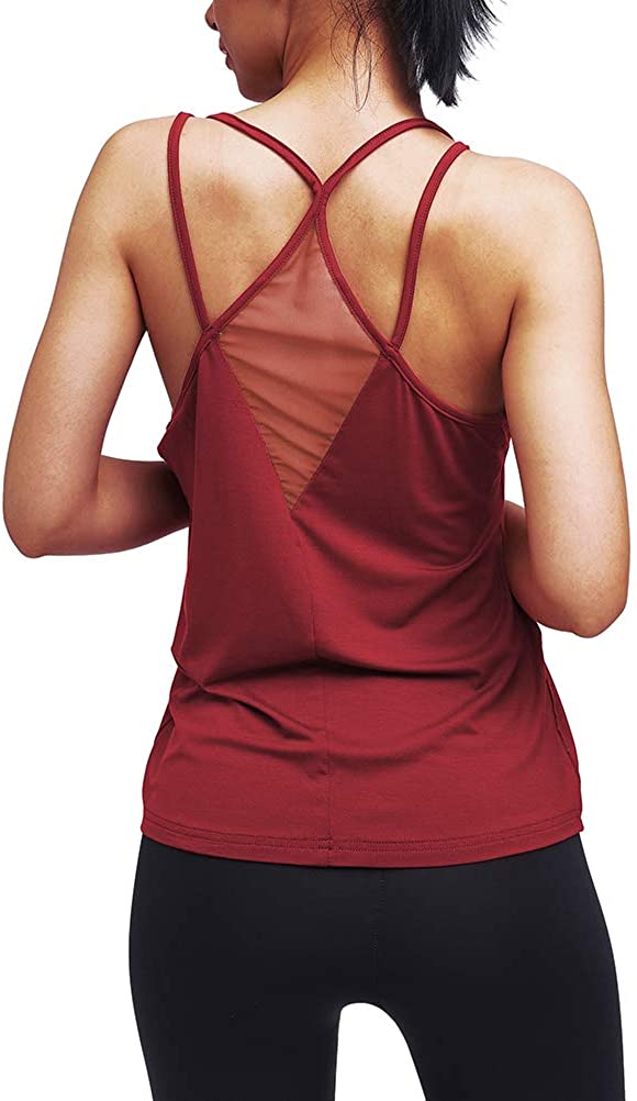 Mippo Womens Cute Workout Clothes Mesh Yoga Tops Exercise Gym Shirts  Running Tan