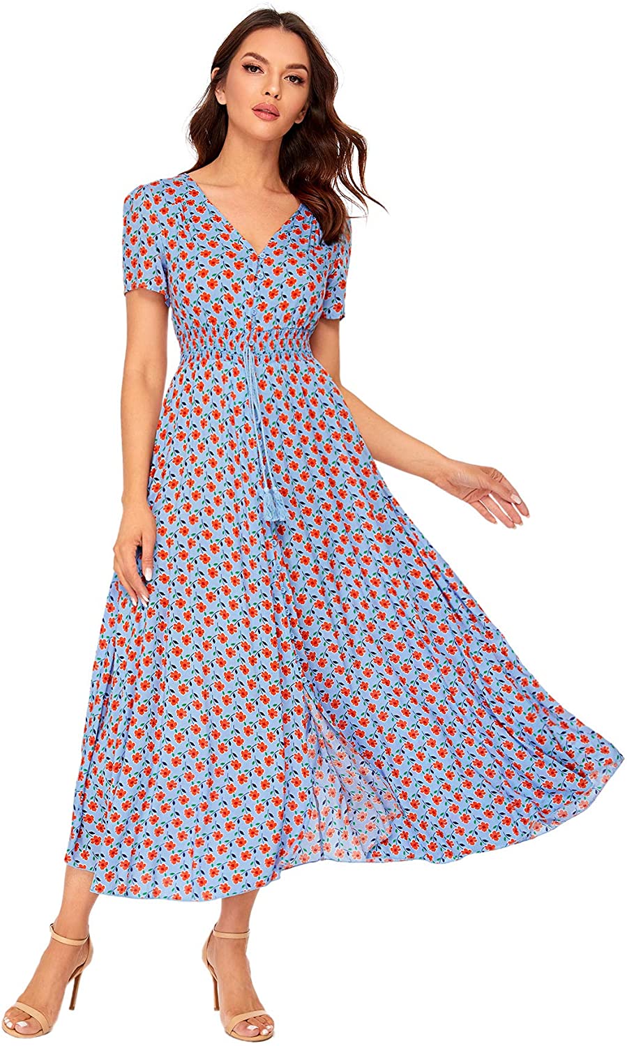 Milumia Women Floral Print Button Up Split Flowy Party Maxi Dress | eBay