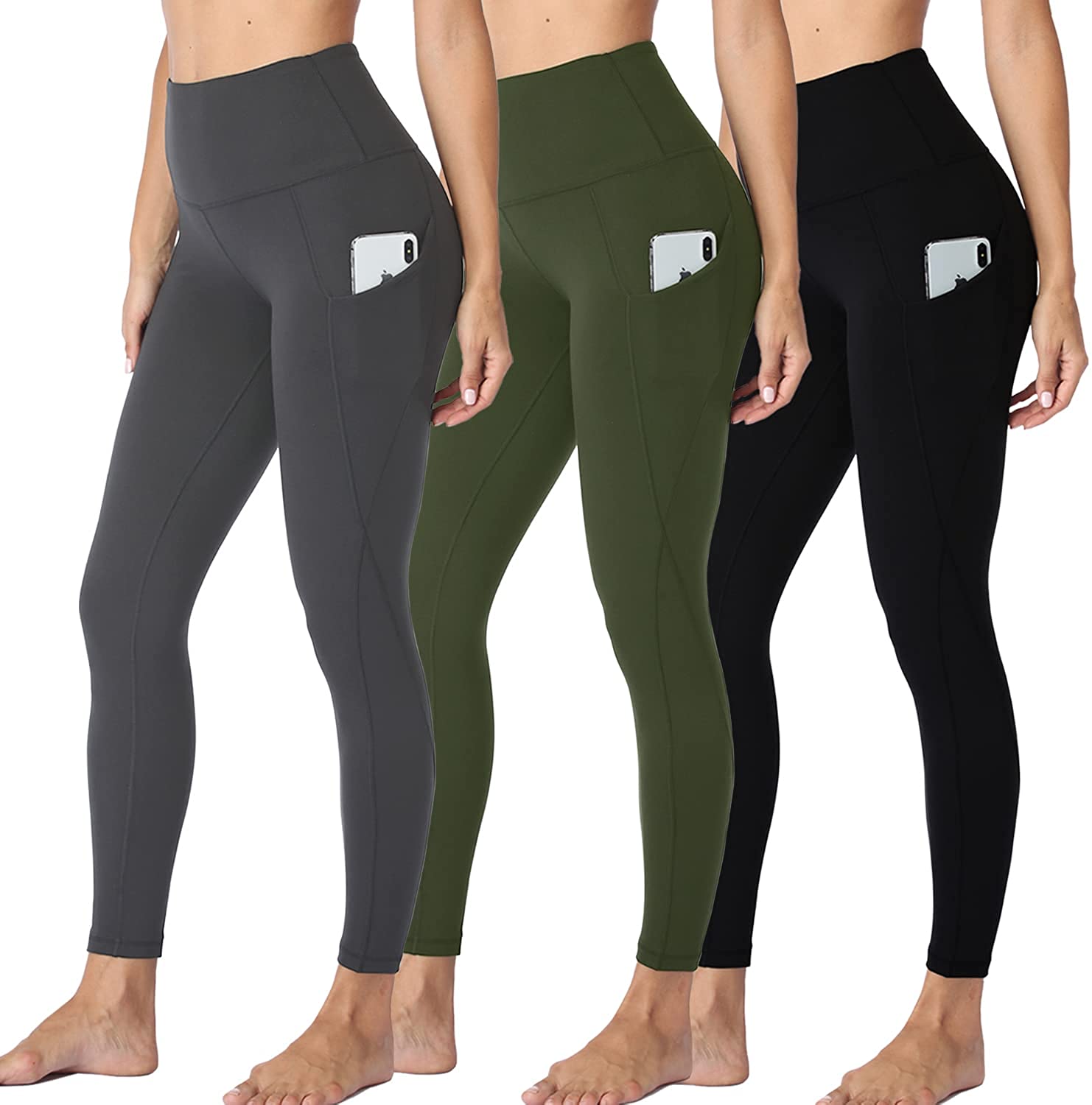 HLTPRO 3 Pack Leggings with Pockets for Women - High Waisted Tummy