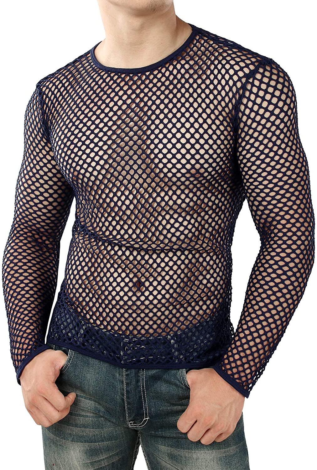 Cotton Mesh Long Sleeved Off Shoulder Thin Style T Shirt Sexy Grid