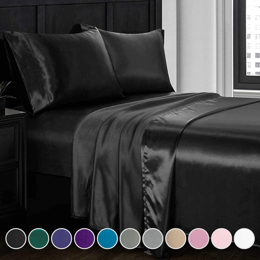 4pcs Satin Sheets Set Luxury Silky Satin Bedding Set with Full Blackish Green 