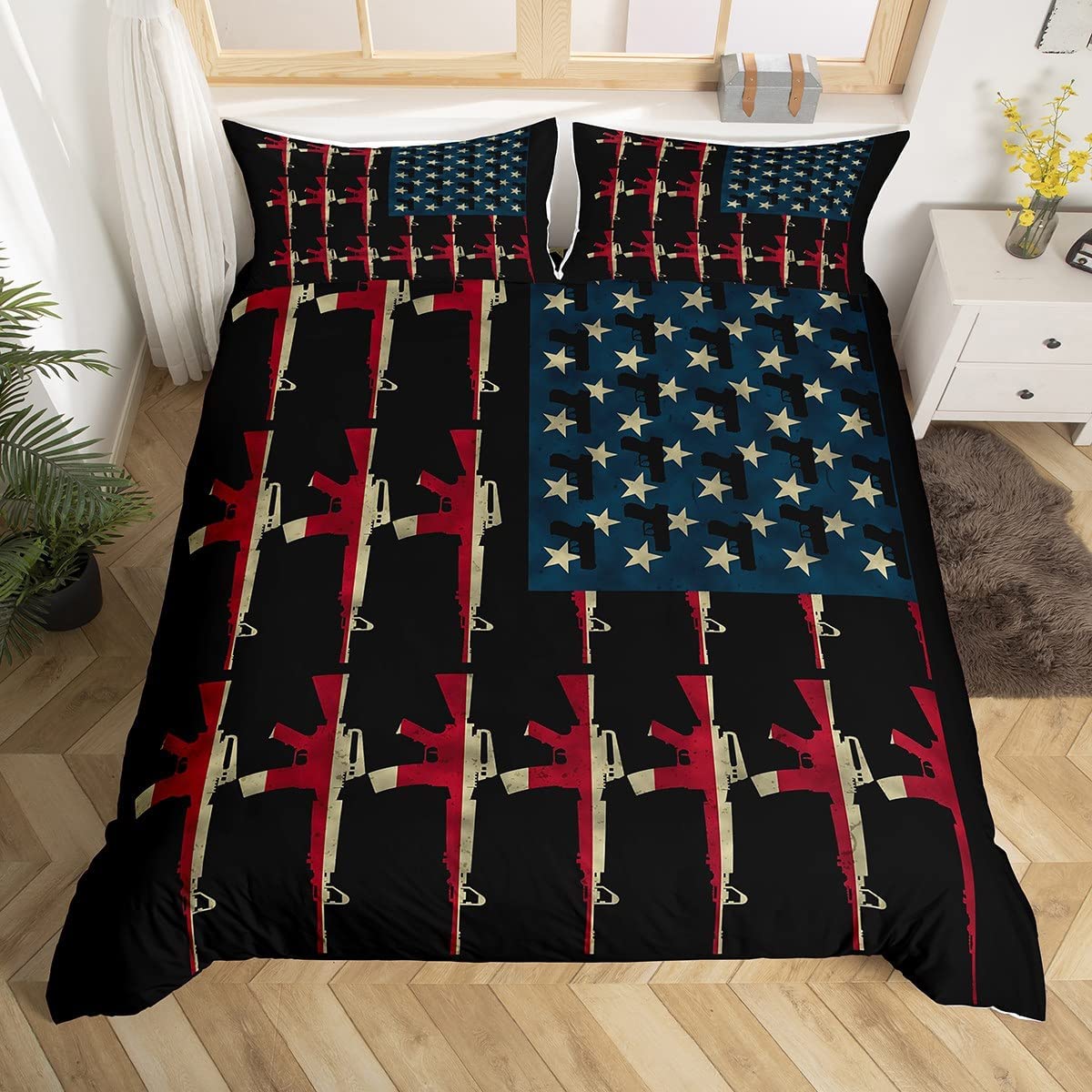 American Flag Comforter Cover Queen,Vintage Soldier Guns Bedding Set  Military Us