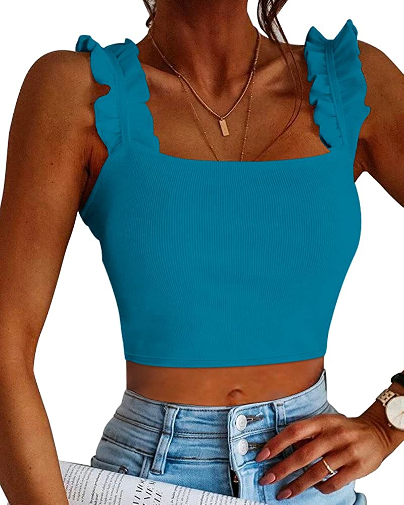 CLOZOZ Square Neck Tops for Women Crop Tops Ribbed Cropped Tank Strappy  Cute Tank Top Fitted Going Out Crop Tops Trendy