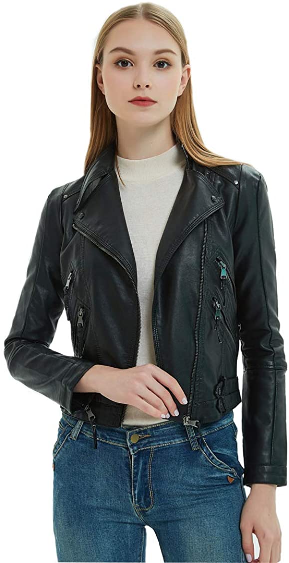 Women's Faux Leather Biker Jacket Zip Up Short Moto Outerwear 