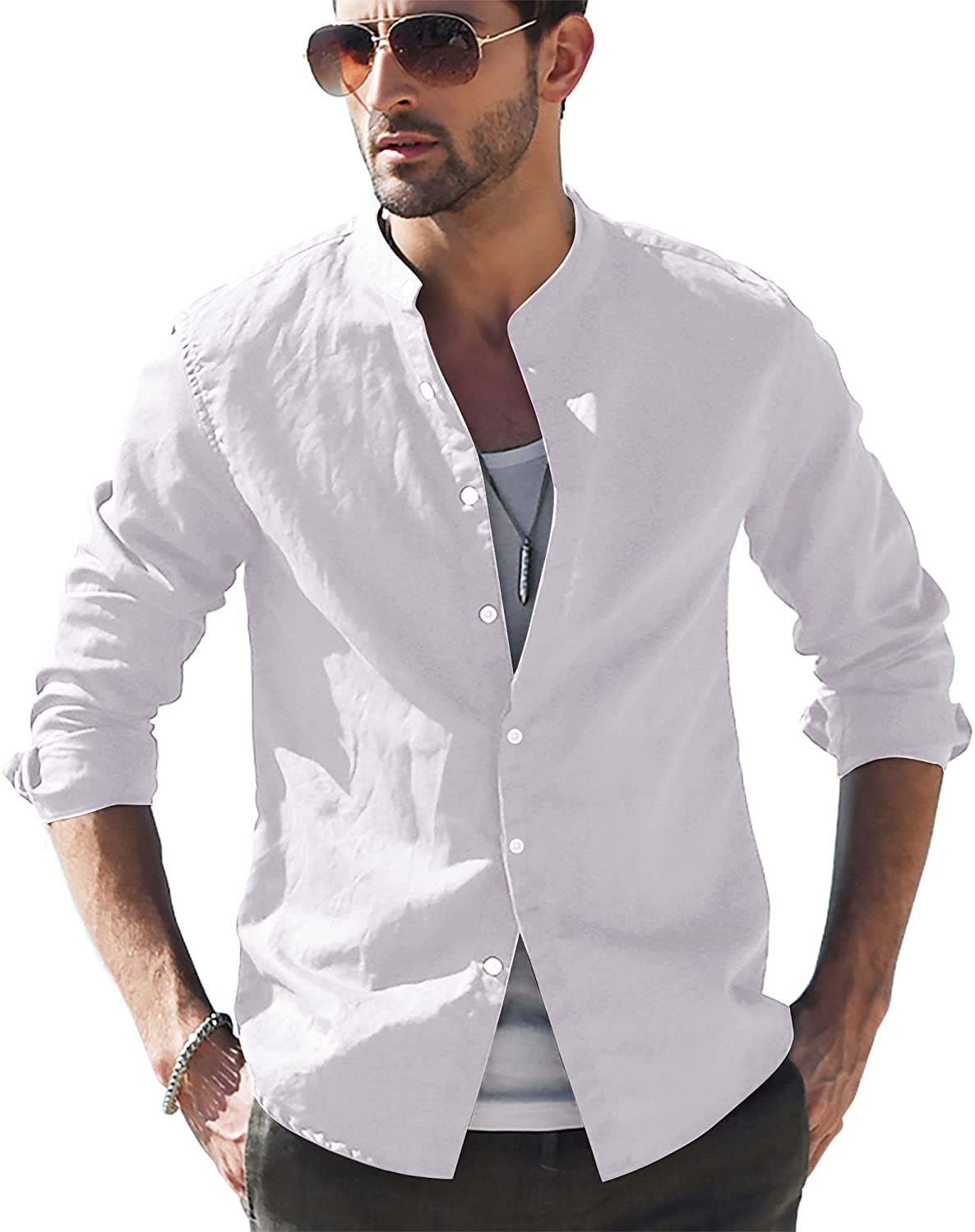 LVCBL Mens Casual Cotton Shirt Long Sleeve Band Collar Henley Shirt Tops 