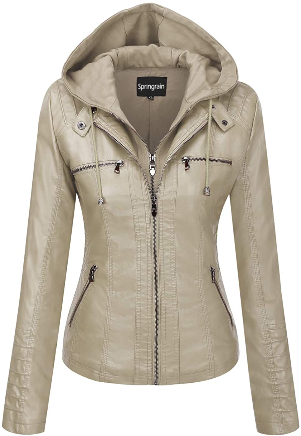 Springrain Women's Casual Stand Collar Detachable Hood PU Leather ...