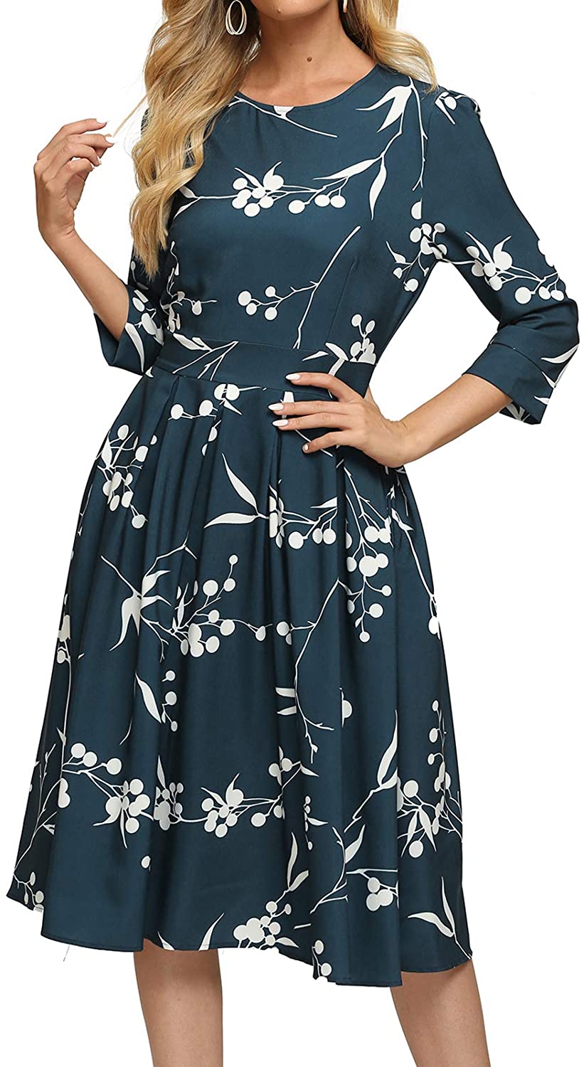 Simple Flavor Women's Floral Vintage Dress Elegant Midi Evening Dress 3/4  Sleeve