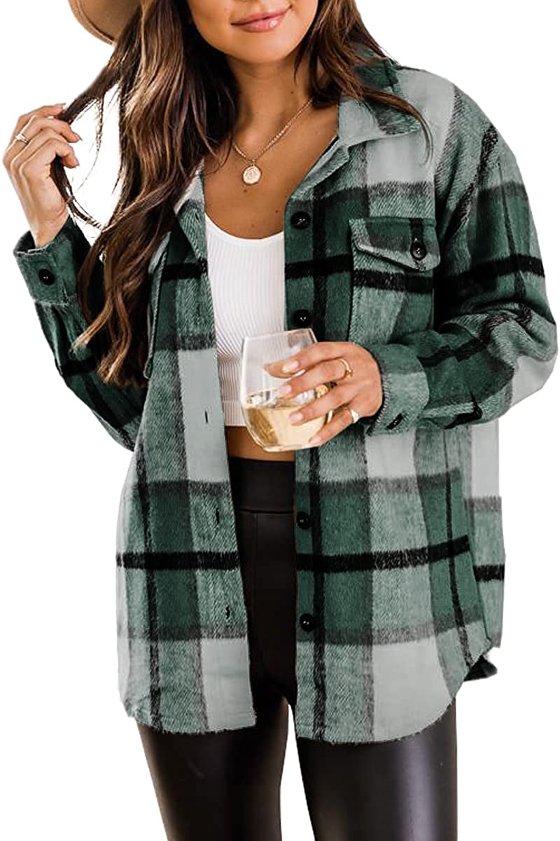 AUTOMET Womens Casual Plaid Shacket Wool Blend Button Down Long Sleeve ...