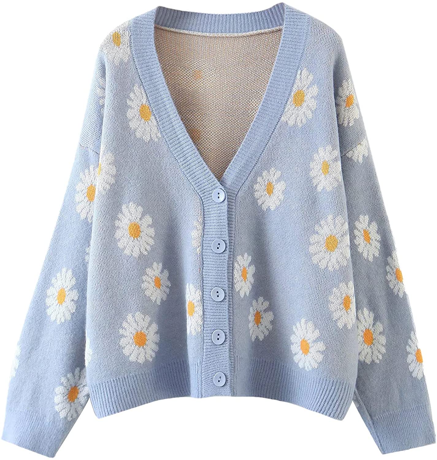 Women Y2K Floral Print Knit Cardigan Sweater Long Sleeve V Neck Button Down  Swea