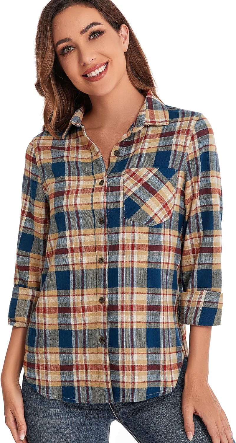 RASPBERRY PUDDING Flannel Plaid Cotton Shirt for Women Long Sleeve