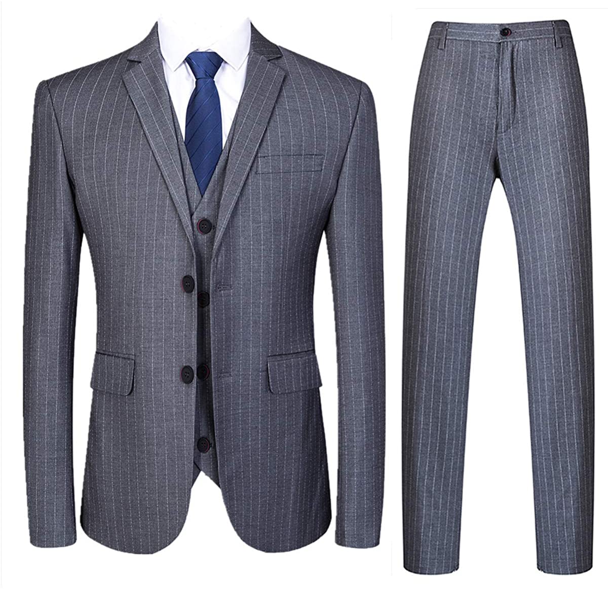Mens Pinstripe Suit 3 Piece Slim Fit Casual Dress Suits Blazer+Vest+Pants,  Grey, 30 : : Clothing, Shoes & Accessories