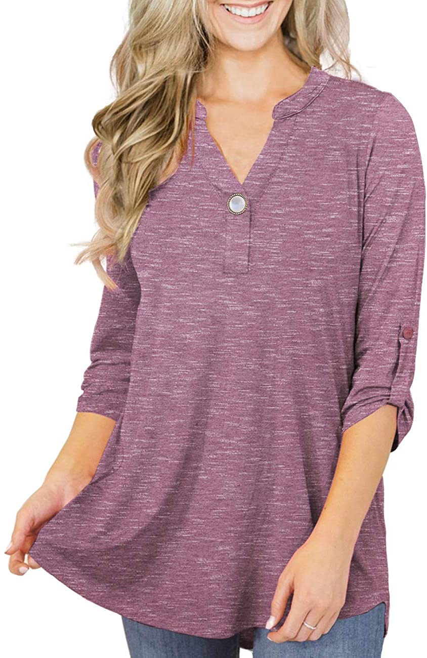 Women's Plus Size Blouses Rolled Sleeve V Neck Long Sleeve T Shirt Tops.