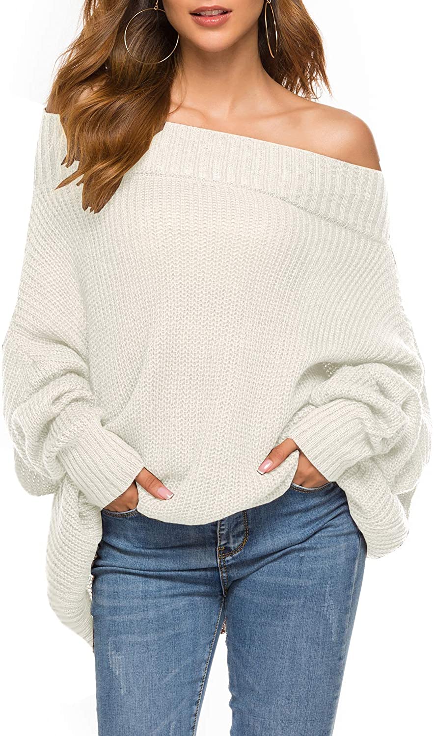  Rpvati Off The Shoulder Sweaters for Women Long Sleeve Shirt  Batwing Solid Color Crew Neck Off The Shoulder Casual Trendy Knitted  Sweaters Slouchy Pullover Tunic Tops Long Sleeve (Beige,XX-Large) :  Clothing